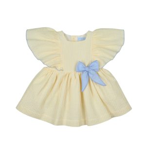 Vestido rayado amarillo con lazo azul 