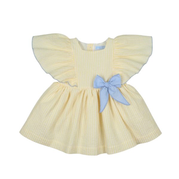 Vestido rayado amarillo con lazo azul "Familia Cala Macarella" MAC ILUSION