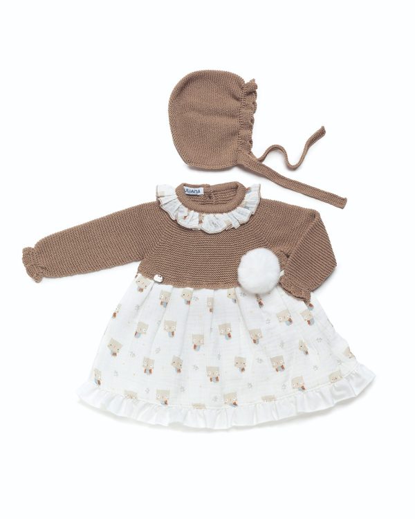 Vestido punto y tela con estampado de búhos y capota "Familia Risueña" JULIANA