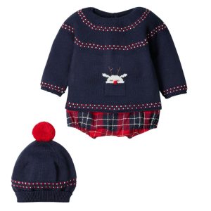 Jerséy punto reno intarsia, culotte tartan y gorro pompom 