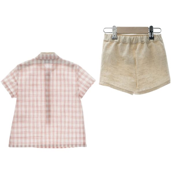 Pantalón lino y camisa cuadros rosa empolvado "Familia Castillo" YOEDU - Imagen 2