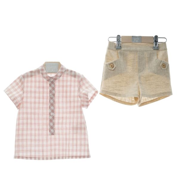Pantalón lino y camisa cuadros rosa empolvado "Familia Castillo" YOEDU