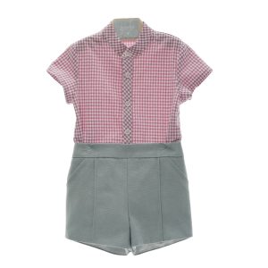 Pantalón verde con falso bolsillo y camisa cuadritos vichy buganvilla 