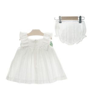 Vestido blanco vainica con lazos verdes 