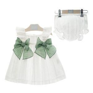 Vestido blanco vainica con lazos verdes 