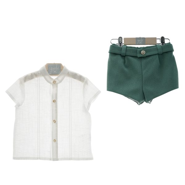 Pantalón cinturilla verde y camisa manga corta cuello mao "Familia Romance" YOEDU